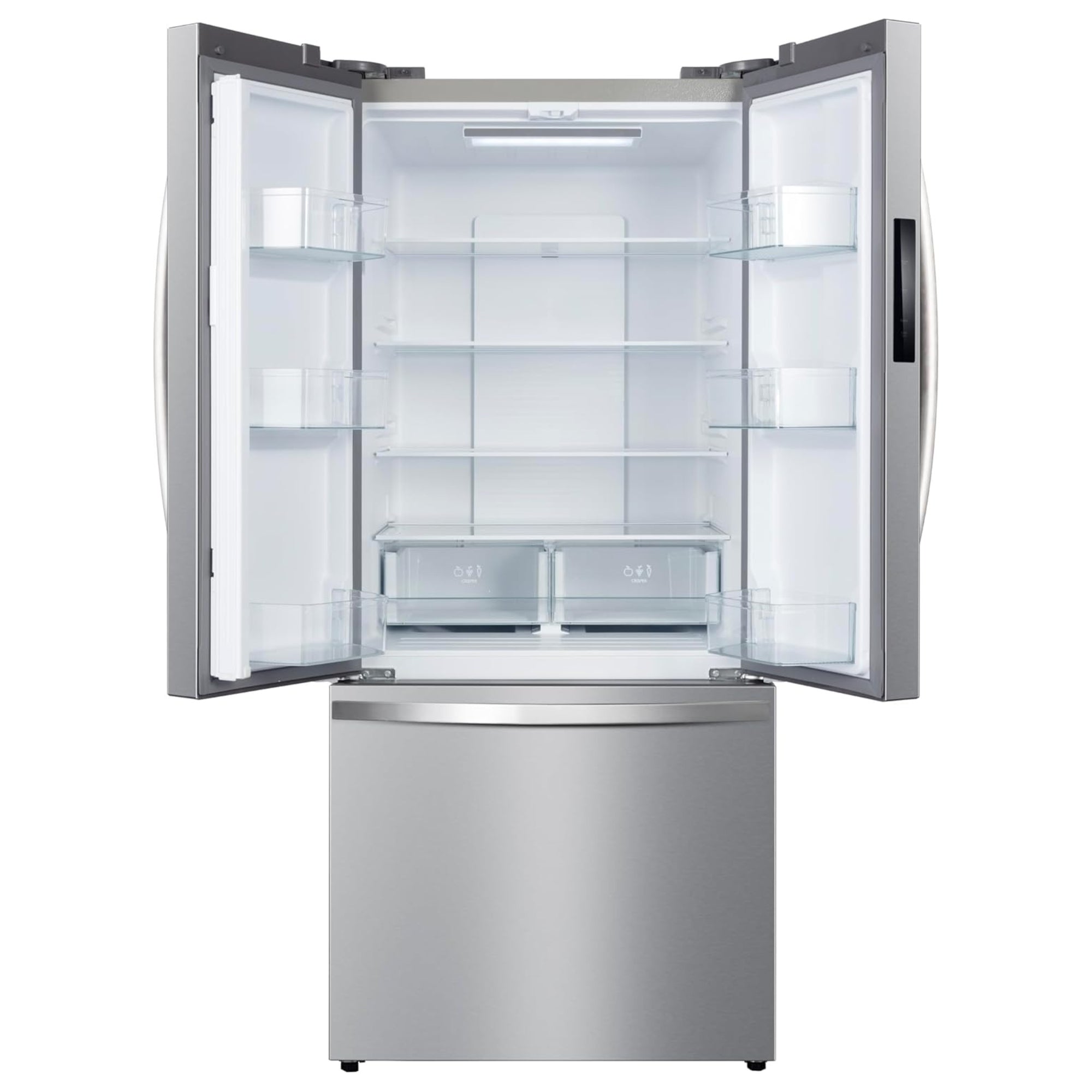 Kenmore stainless steel counter depth french door refrigerator empty with doors open on a white background