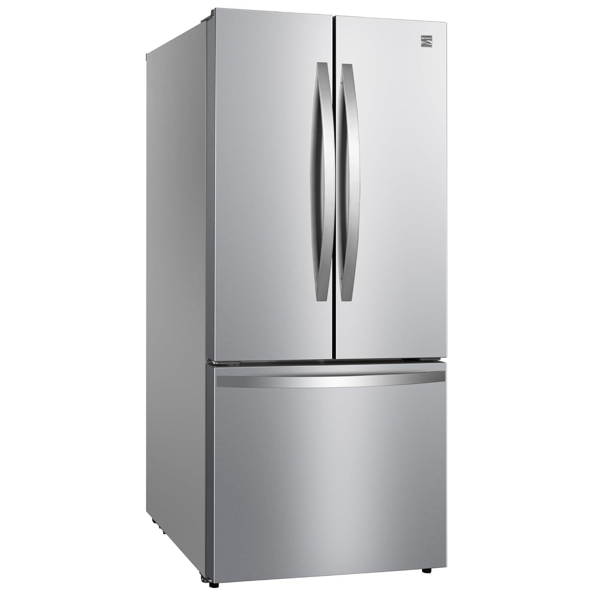 Kenmore 17.5 cu. ft. counter depth french door refrigerator in stainless steel, closed, on a white background