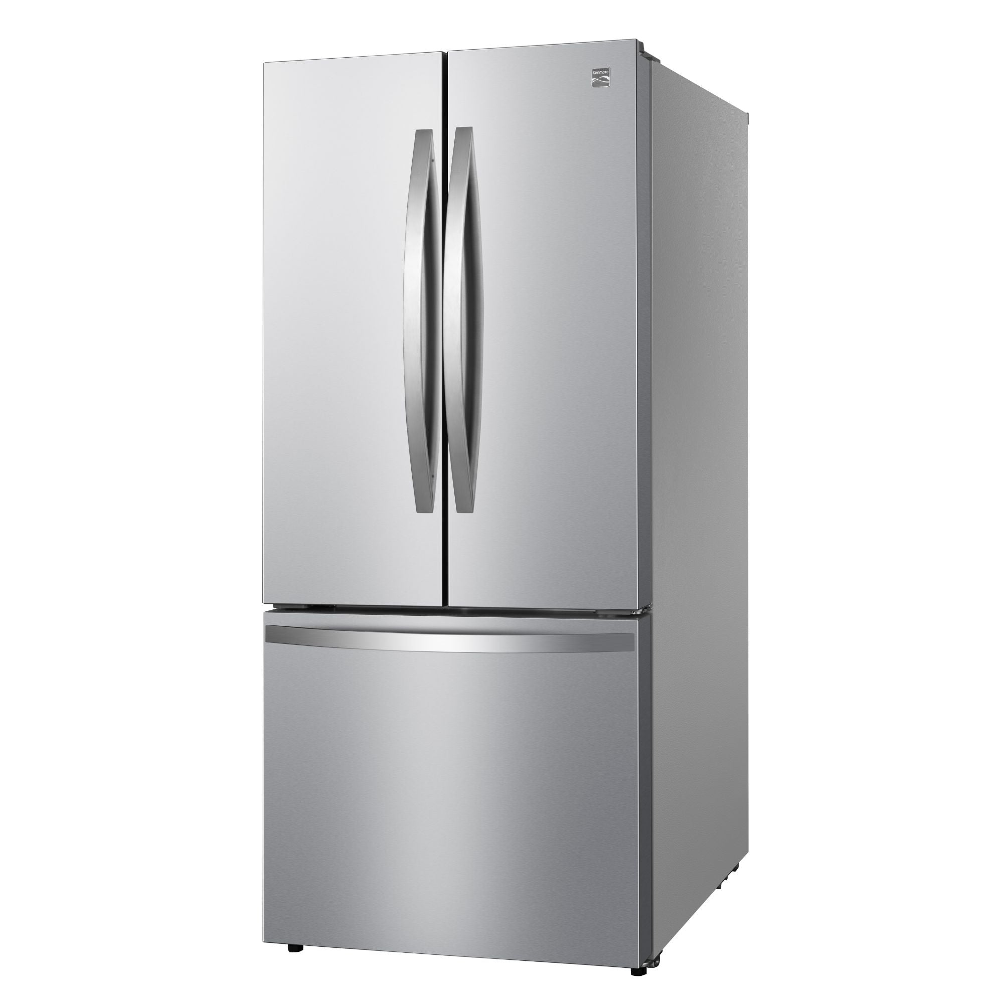 Kenmore 17.5 cu. ft. counter depth french door refrigerator in stainless steel, closed, on a white background