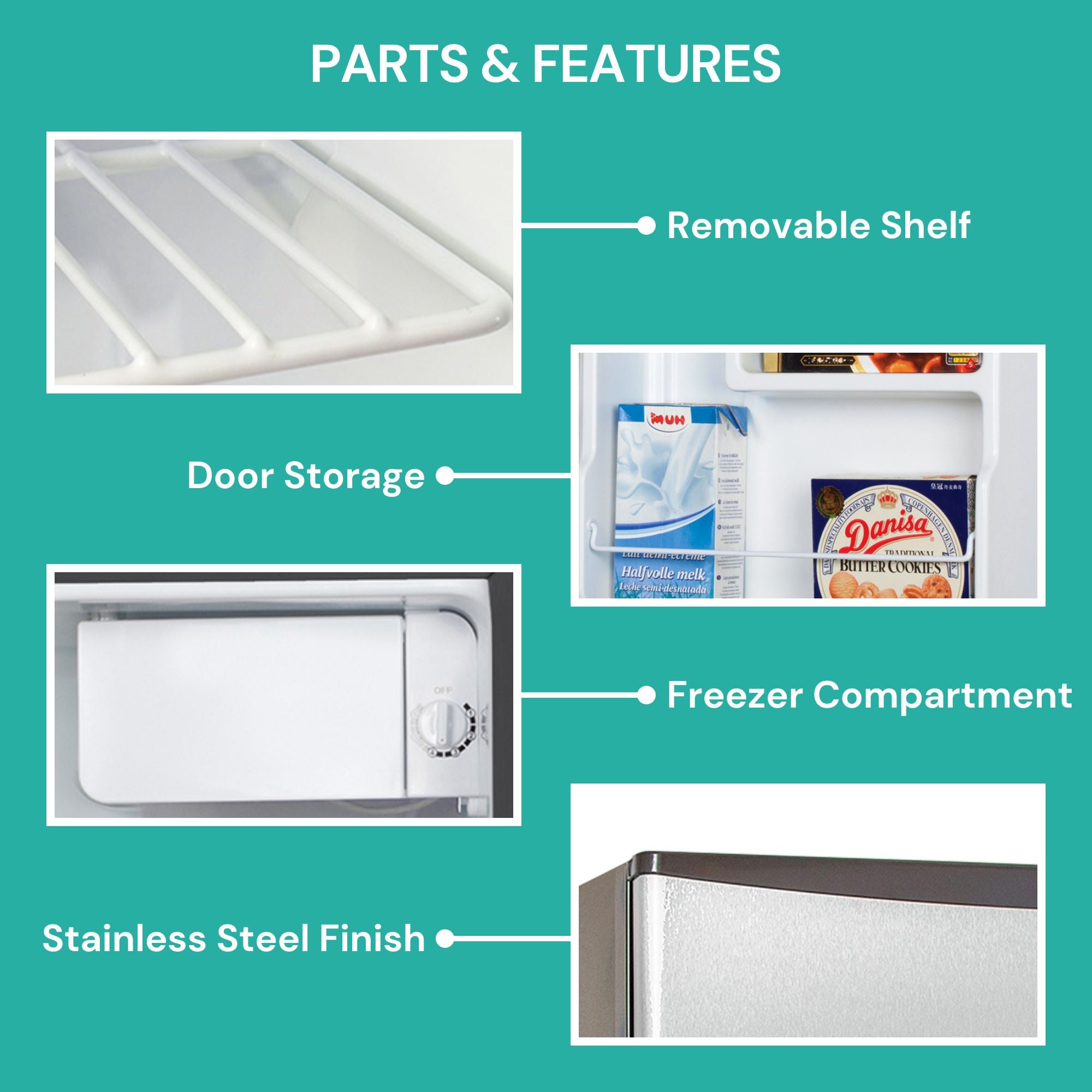 Closeup images of parts and features, labeled: Removable shelf; door storage; freezer compartment; stainless steel exterior