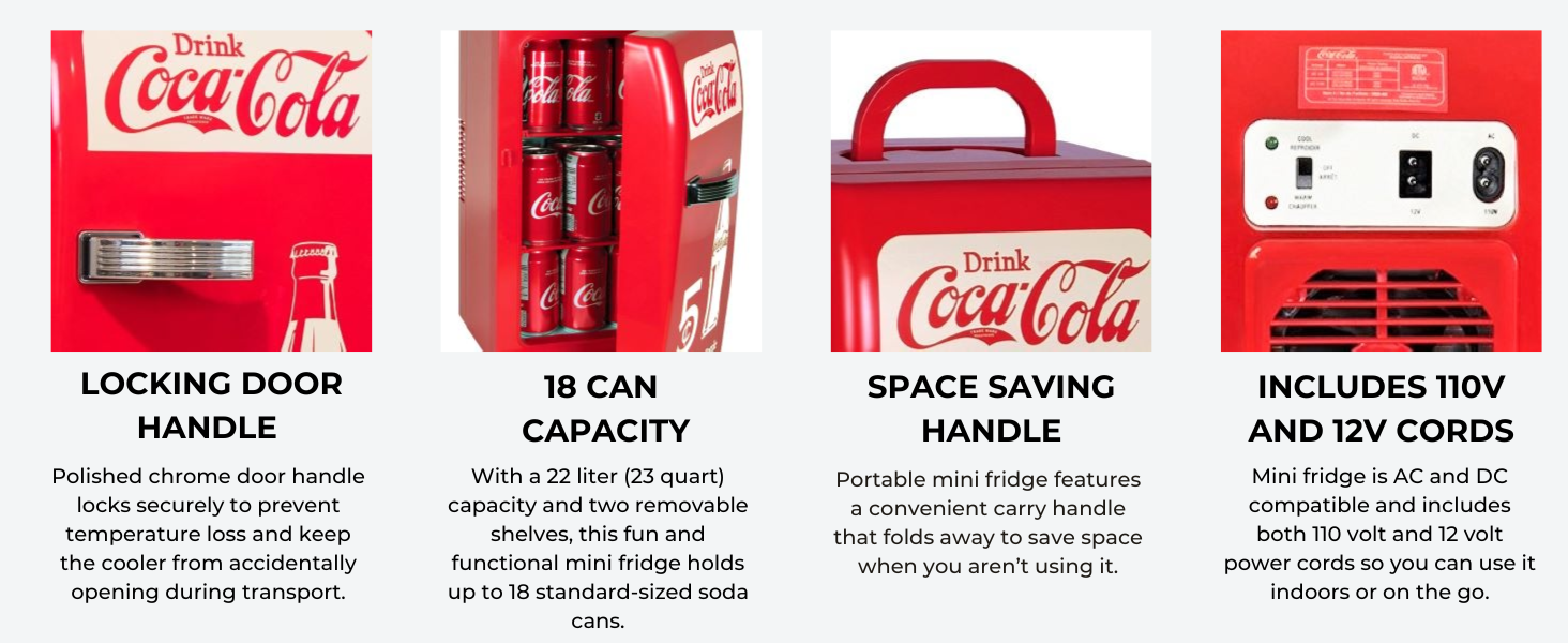 Coca-Cola 18 Can Retro Mini Fridge, 12V DC 110V AC Cooler, 5.4L Coca-Cola 18 Can Retro Mini Fridge, 12V DC 110V AC Cooler, 5.4L