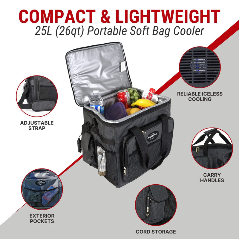 Koolatron 12V cooler open with food inside surrounded by closeup images of features, labeled: Adjustable strap; exterior pockets; cord storage; carry handles; reliable iceless cooling. Text above reads, "COMPACT & LIGHTWEIGHT 25L (26 qt) portable soft bag cooler"