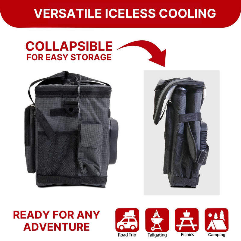 Side-by-side images show the 12 volt soft-sided cooler expanded and collapsed for storage. Text above the expanded version reads, "Collapsible for easy storage" with an arrow pointing to the collapsed version. Text at top reads, "VERSATILE ICLESS COOLING," and text and icons below read, "READY FOR ANY ADVENTURE: Road trip, tailgating, picnics, camping."