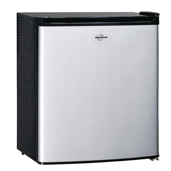 Black and stainless steel compact fridge with freezer on a white background