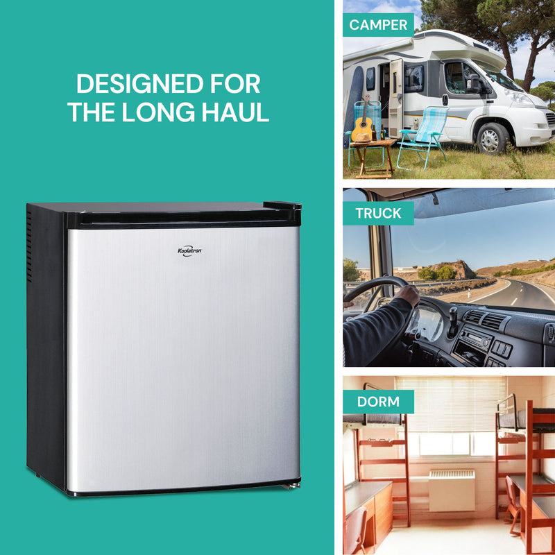 Black and stainless steel compact fridge, closed, on an aqua background with text above reading, "Designed for the long haul." Three pictures to the right show settings where the fridge could be used: Camper, truck, dorm