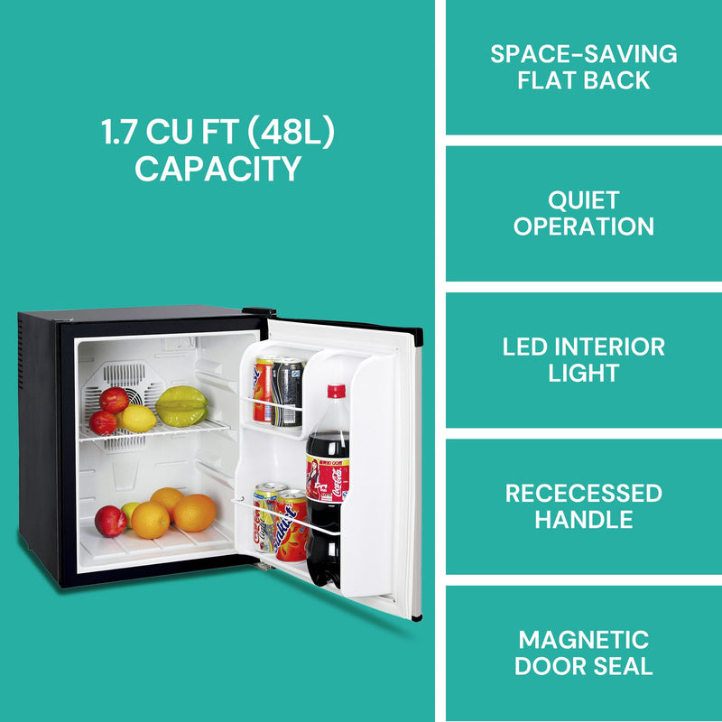 Compact fridge, open and filled with food and drinks, on an aqua background with text above reading, "1.7 cu ft (48L) capacity." Icons and text to the right describe features: Space-saving flat back; quiet operation; LED interior light; recessed handle; magnetic door seal