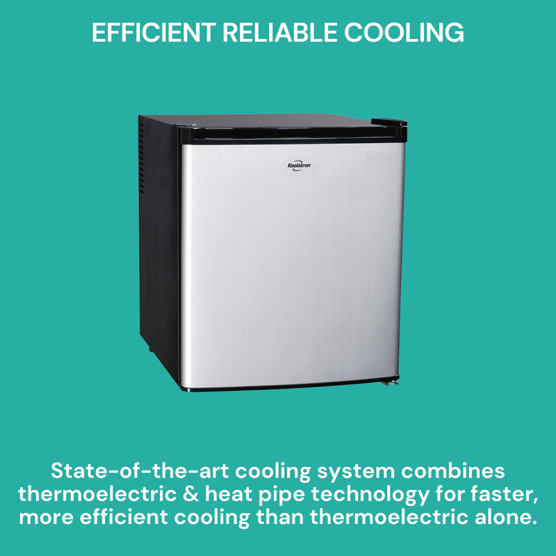 Compact fridge on an aqua background with text above reading, "Efficient reliable cooling," and text below reading, "State-of-the-art cooling system combines thermoelectric and heat pipe technology for faster, more efficient cooling than thermoelectric alone."