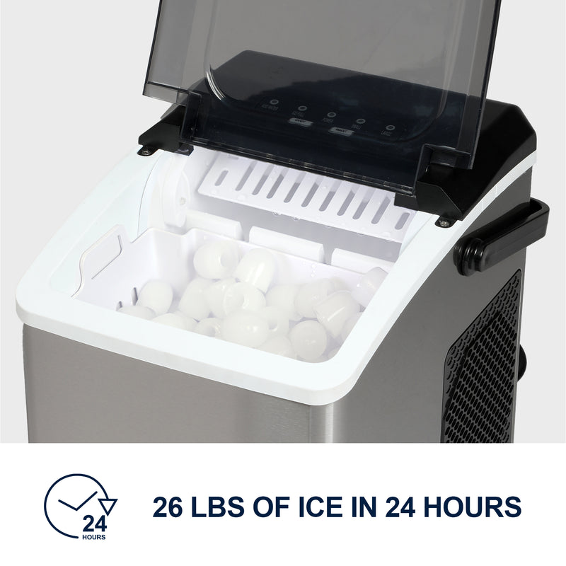 Koolatron Ice Makers Countertop, Portable Ice Maker, 26lbs/24Hrs 9 Bullet Ice Cubes Ready in 7 Mins, Self-Cleaning Function, L&S Size, with Ice Scoop and Basket, Perfect for Party, Stainless Steel