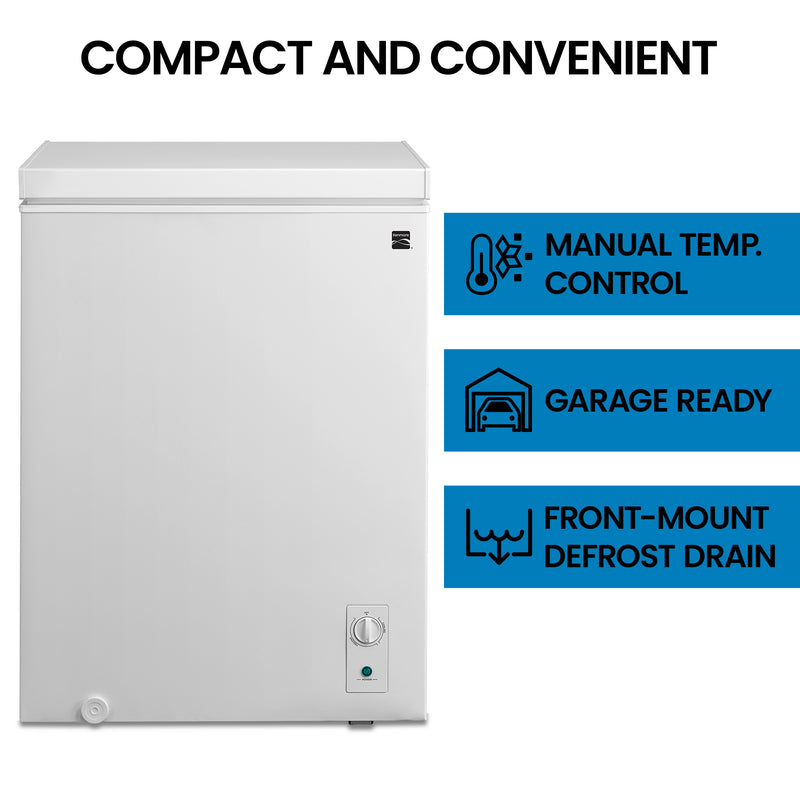 Kenmore chest-style convertible fridge freezer, closed, on a white background with features listed to the right: Secure magnetic seal; external control dial; easy-rolling wheels; front-mount defrost drain. Text above reads, "Compact and convenient"