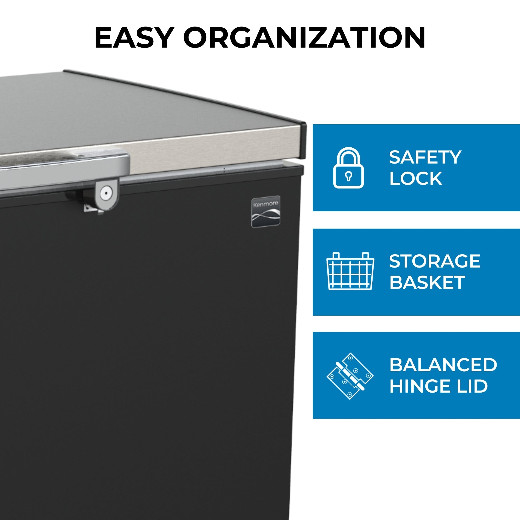 Closeup of the front of the Kenmore chest-style freezer, closed, on a white background. Text above reads, "Easy organization," and text and icons beside describe features: Safety lock; storage basket; balanced hinge lid.