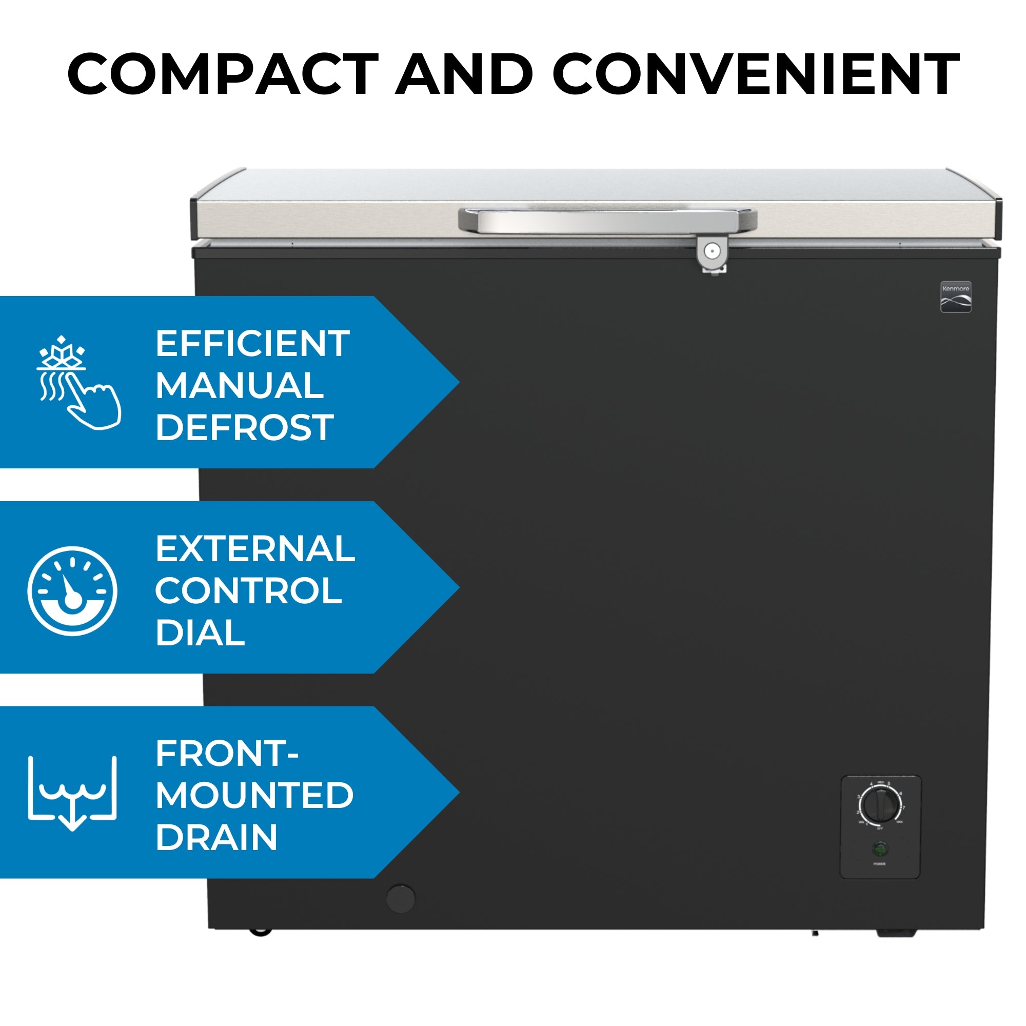 Kenmore chest-style freezer, closed, on a white background. Text above reads, "Compact and convenient," and text and icons beside describe features: Efficient manual defrost; external control dial; front-mounted drain.