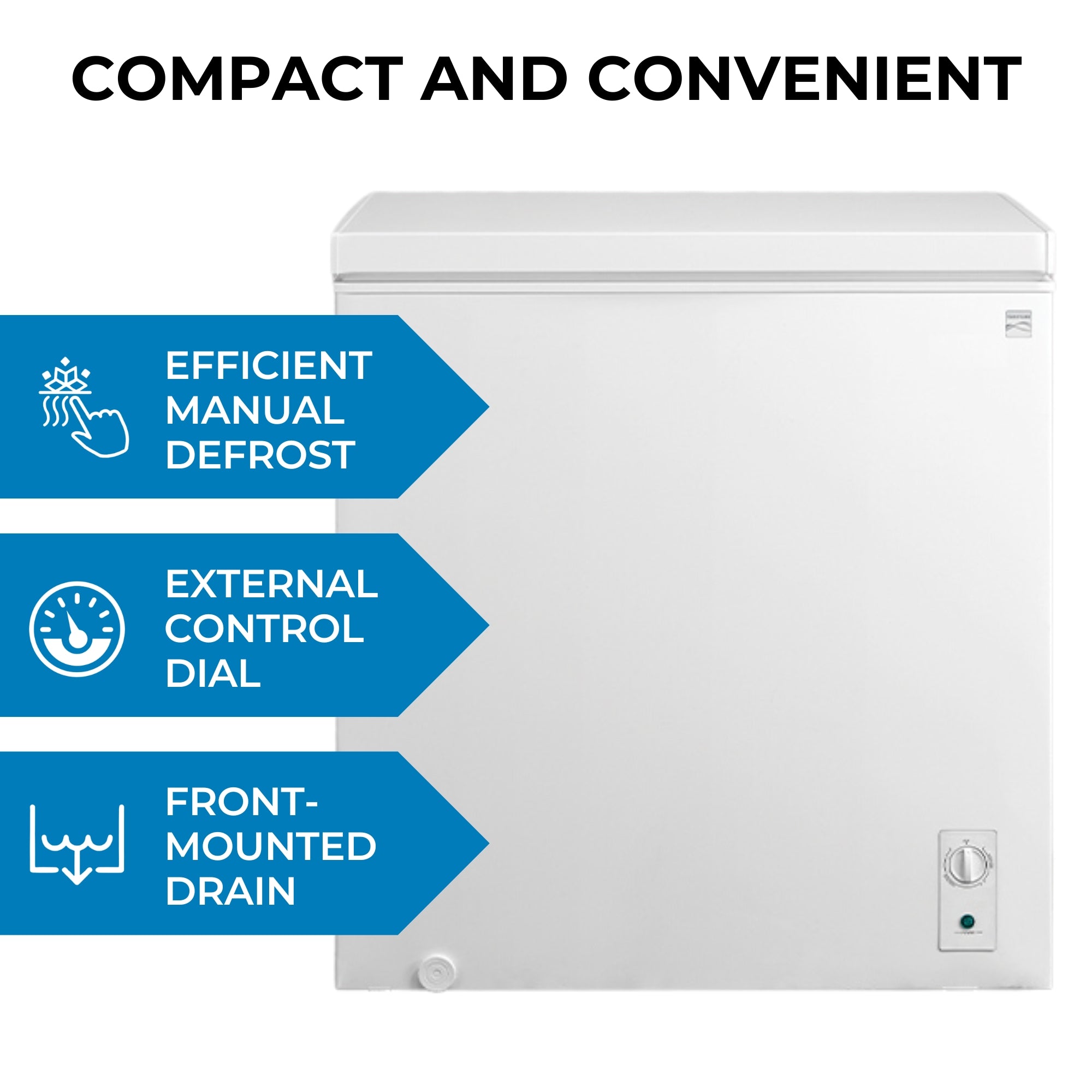 Kenmore chest-style convertible fridge freezer, closed, on a white background. Text above reads, "Compact and convenient," and text and icons beside describe features: Efficient manual defrost; external control dial; front-mounted drain.