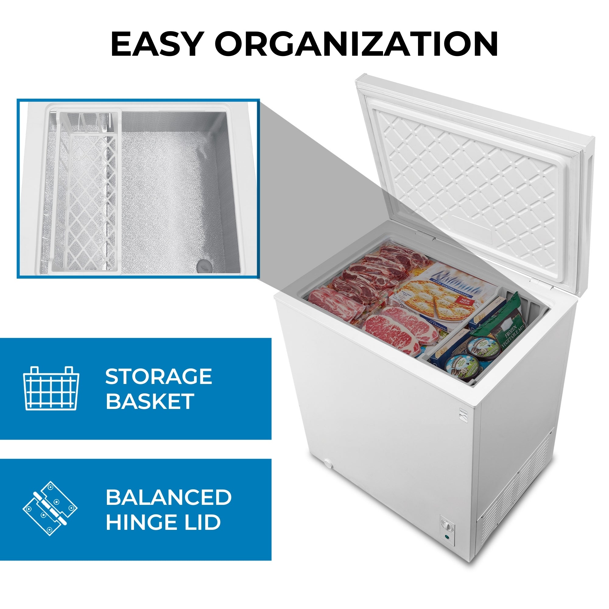 Kenmore convertible deep freeze, open and filled with food items, on a white background with an inset closeup showing the storage basket. Text above reads, "Easy organization," and text and icons beside describe features: Storage basket; balanced hinge lid.