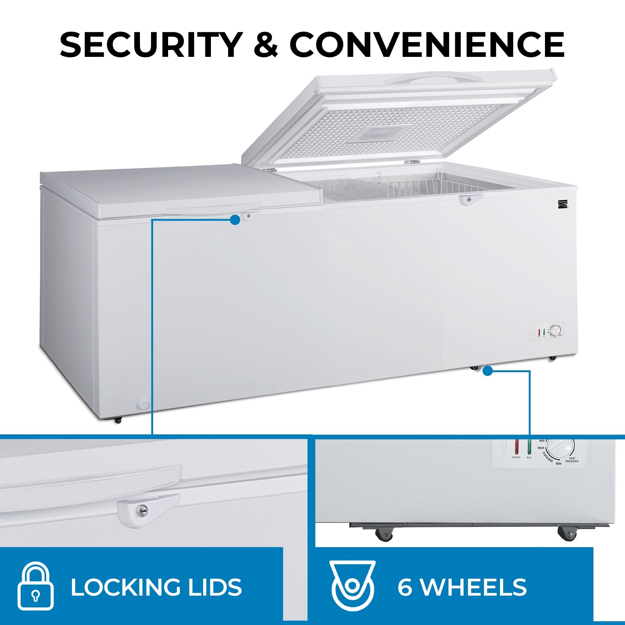 Kenmore convertible deep freeze with the left chamber lid closed and right open, on a white background with closeup images below of features, labeled: Locking lids; 6 wheels. Text above reads, "Security & Convenience."