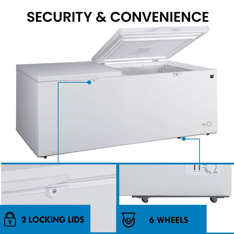 Kenmore convertible deep freeze with the left chamber lid closed and right open, on a white background with closeup images below of features, labeled: Keyed locks to protect contents; 6 wheels for easy movement. Text above reads, "Security & Convenience."