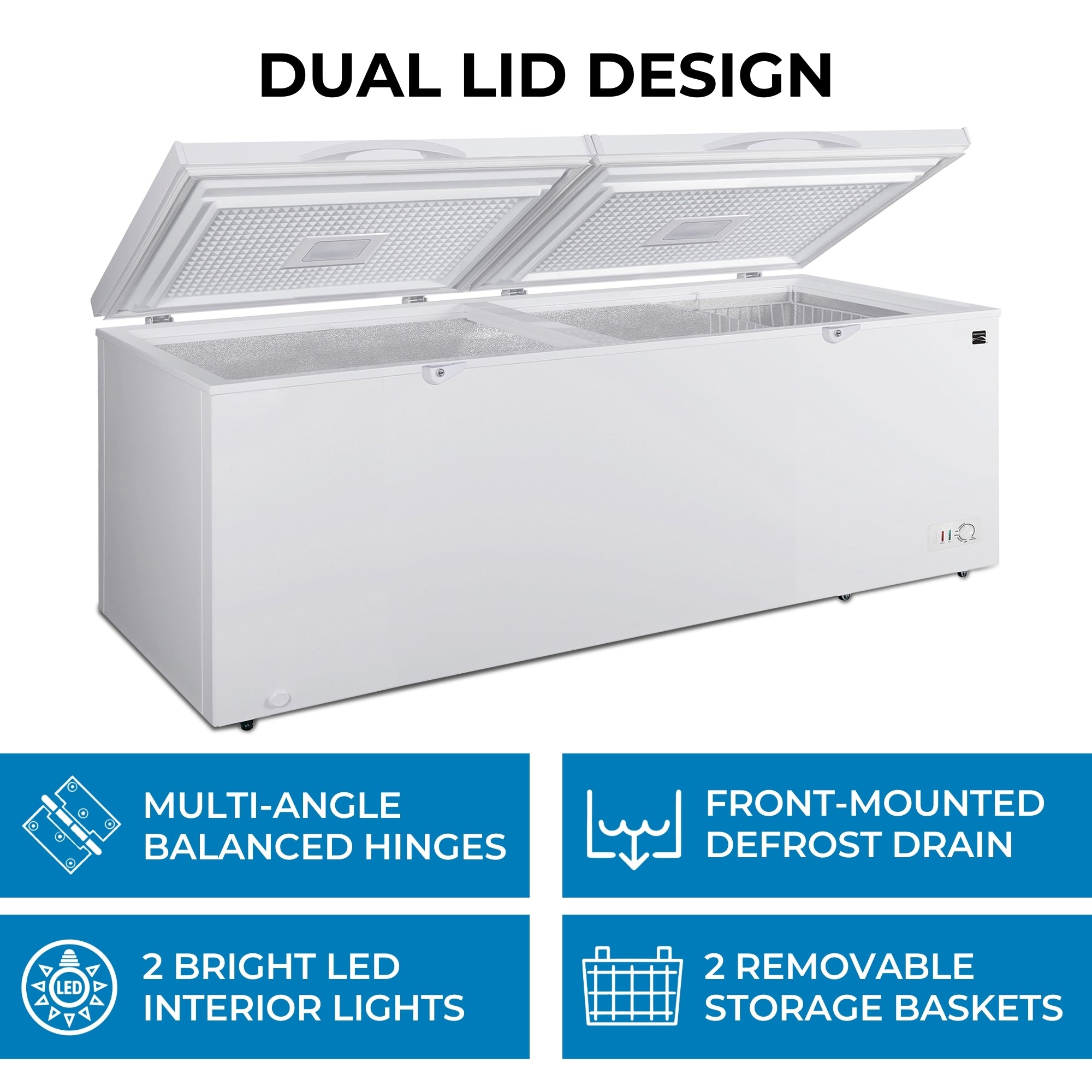 Kenmore convertible deep freeze with the left chamber lid closed and right open, on a white background with features listed below: Multi-angle balanced hinges; front-mounted defrost drain; 2 bright LED interior lights; 2 removable storage baskets. Text above reads, "Dual lid design"