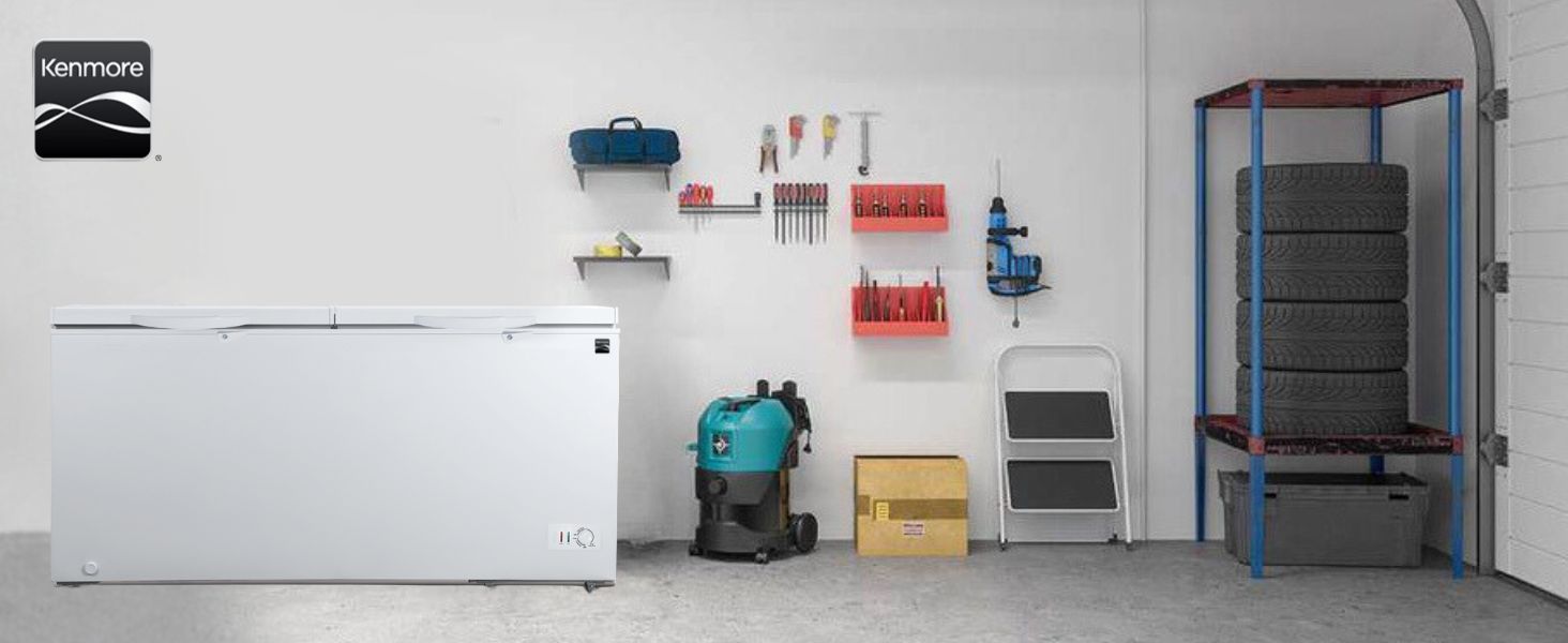 Kenmore 21 cubic foot convertible chest freezer refrigerator in a clean white garage