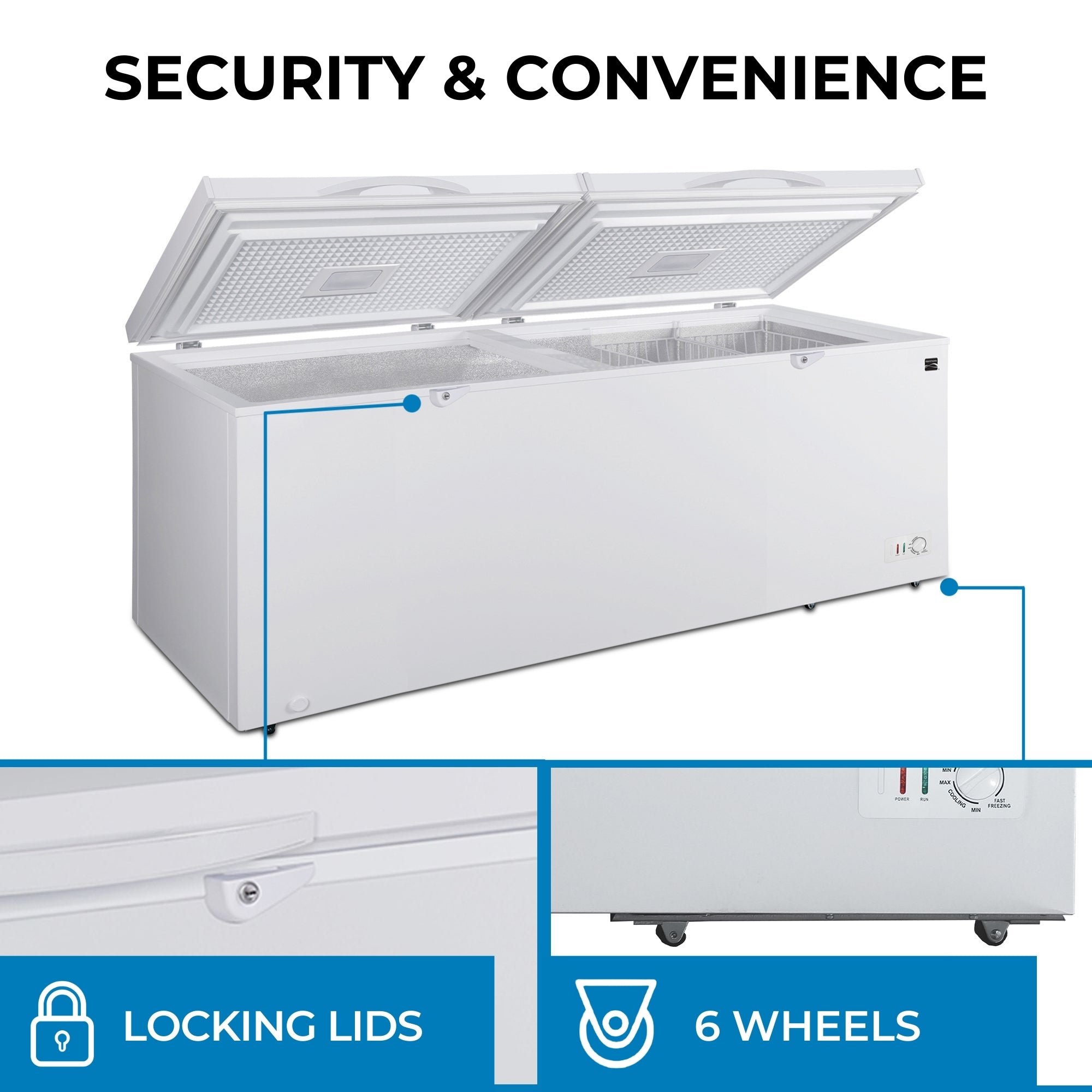 Kenmore convertible deep freeze with the left chamber lid closed and right open, on a white background with features listed below: Multi-angle balanced hinges; front-mounted defrost drain; 2 bright LED interior lights; 2 removable storage baskets. Text above reads, "Dual lid design"