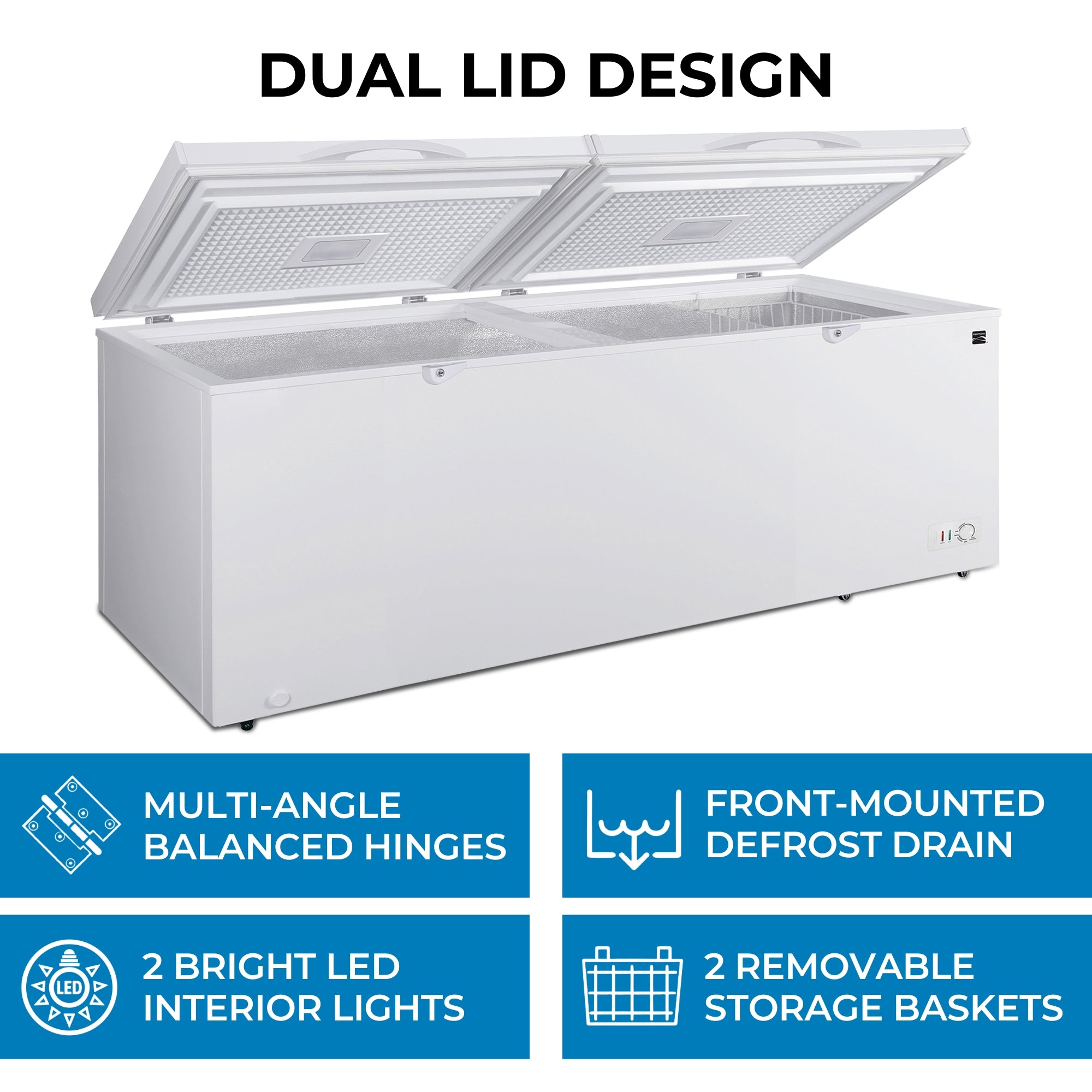 Kenmore convertible deep freeze with the left chamber lid closed and right open, on a white background with features listed below: Multi-angle balanced hinges; front-mounted defrost drain; 2 bright LED interior lights; 2 removable storage baskets. Text above reads, "Dual lid design"