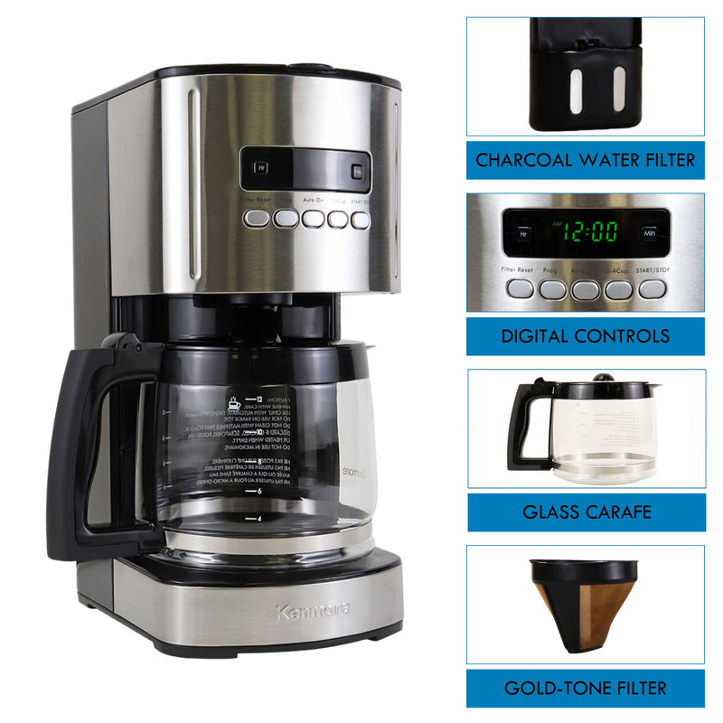 Kenmore 12 cup programmable coffeemaker on a white background on the left with four closeup images on the right of parts, labeled: water filter; digital controls; glass carafe; gold tone filter