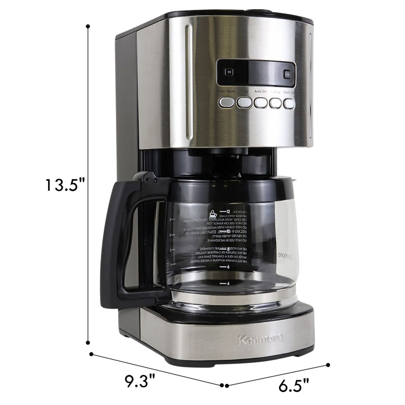 Kenmore 12 cup programmable coffeemaker on a white background with dimensions labeled