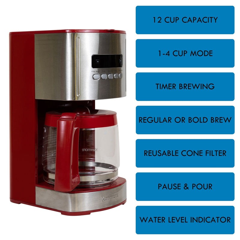 Kenmore 12 cup programmable coffeemaker on a white background on the left with a list of features to the right: 12 cup capacity; 1-4 cup mode; programmable timer; regular or bold brew; reusable cone filter; pause and pour; water level indicator