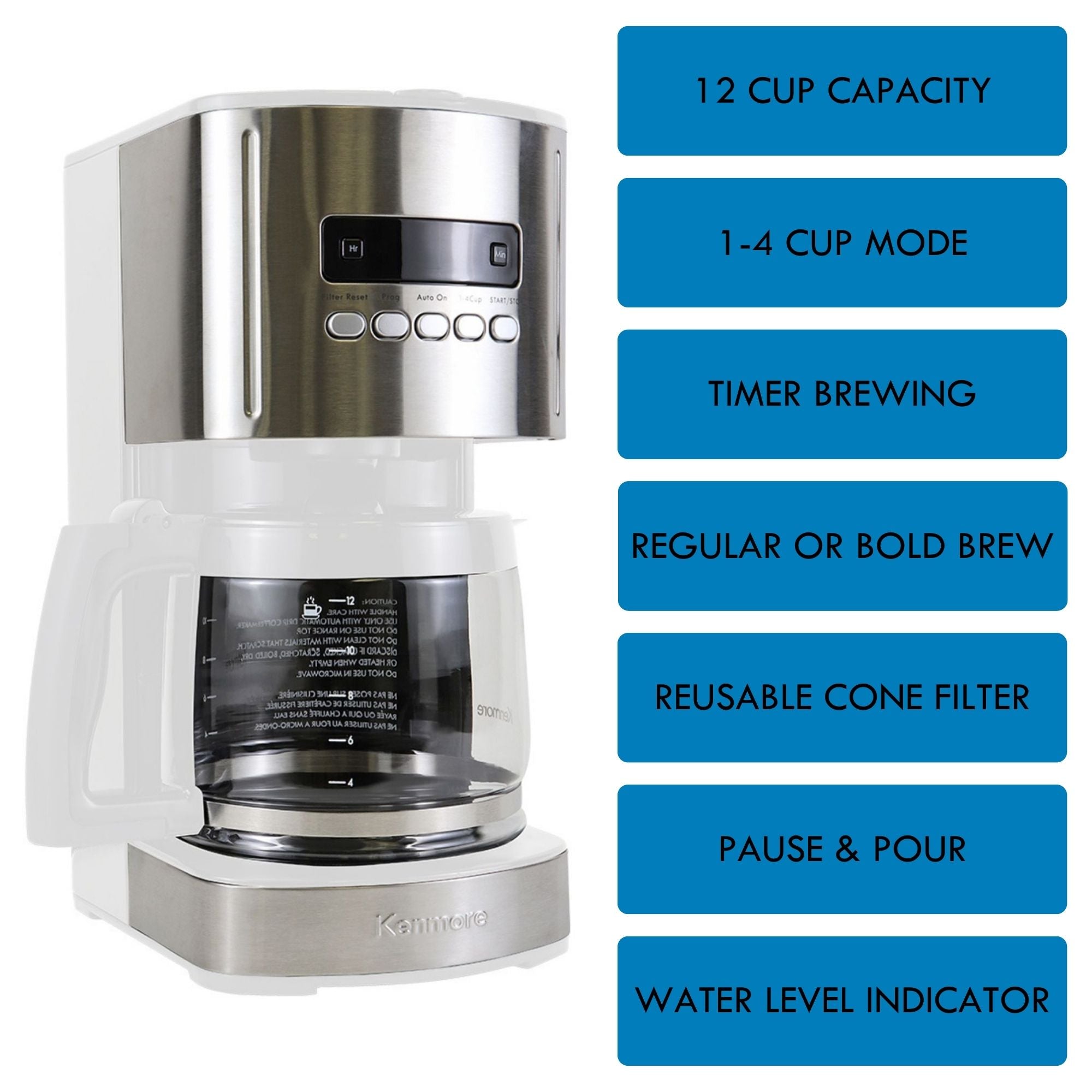 Kenmore 12 cup programmable coffeemaker on a white background on the left with a list of features to the right: 12 cup capacity; 1-4 cup mode; programmable timer; regular or bold brew; reusable cone filter; pause and pour; water level indicator