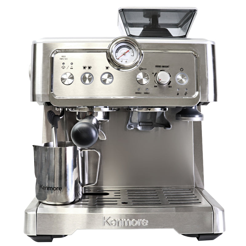 Kenmore semi-automatic espresso machine with stainless steel pitcher on a white background