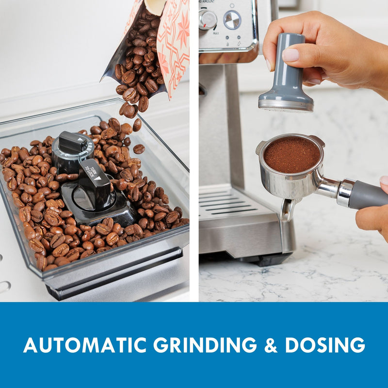 The picture on the left shows whole coffee beans being poured from a bag into the grinder hopper and picture on the right shows a person holding the portafilter filled with ground coffee in one hand and the tamper in the other. Text below reads, "Automatic grinding and dosing" 