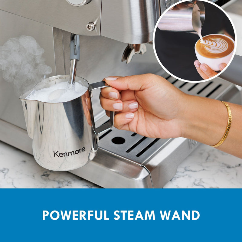 Closeup image of a person's hand holding the stainless steel pitcher filled with foamy milk with the steam wand immersed in it with an image overlaid of microfoam being poured into a mug to make latte art. Text below reads, "Powerful steam wand" 