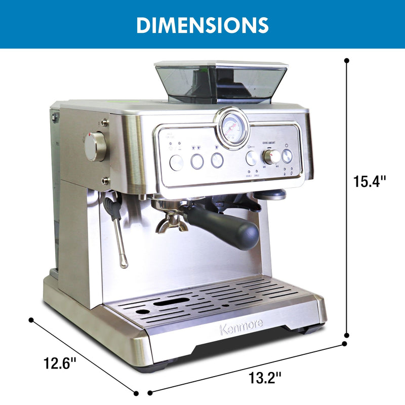Kenmore semi-automatic espresso machine with built-in grinder on a white background with dimensions labeled