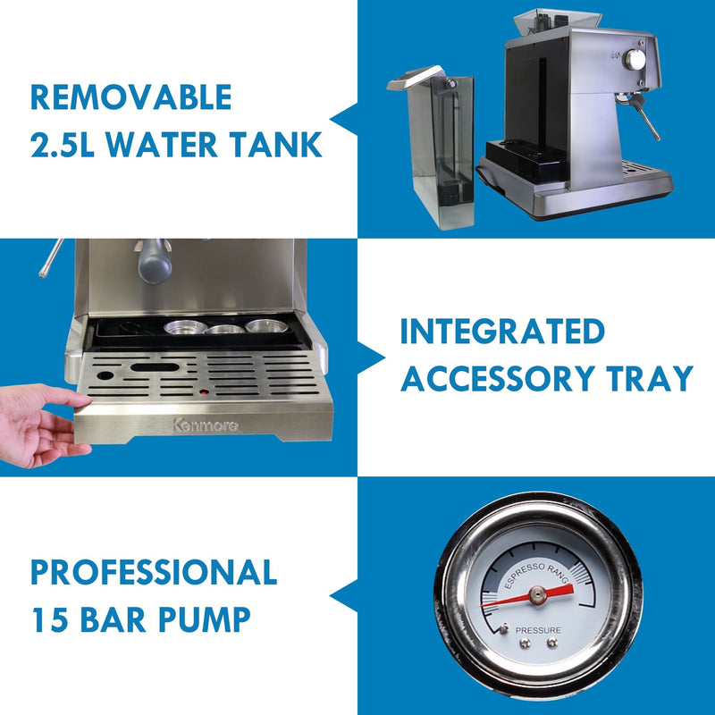 Three labeled images show closeup views of different parts and features of the Kenmore semi-automatic espresso maker: Top picture shows the removable 2.5L water tank; middle shows the integrated accessory tray; and bottom shows the gauge for the professional 15 bar pump.