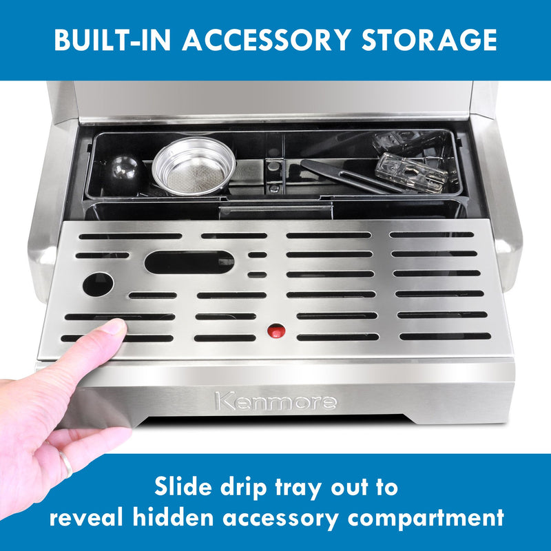 A hand sliding the drip tray out to reveal the built-in accessory storage tray behind it with a filter basket, coffee scoop, and cleaning brush and pin inside. Text above reads, "Built-in accessory storage," and text below reads, "Slide drip tray out to reveal hidden accessory compartment."