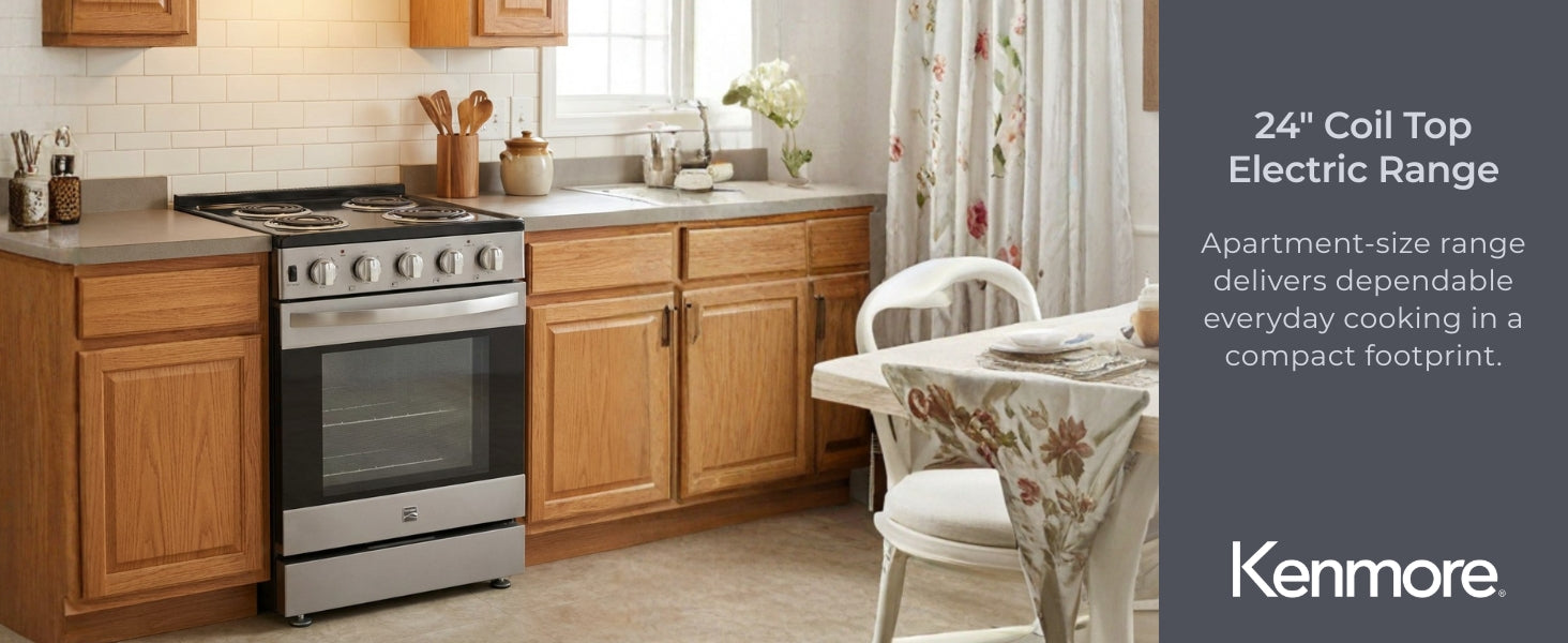 Kenmore electric range installed in a bright eat-in kitchen between wood cabinets with text to the left reading, "24" Coil Top Electric Range: Apartment-size range delivers dependable everyday cooking in a compact footprint."