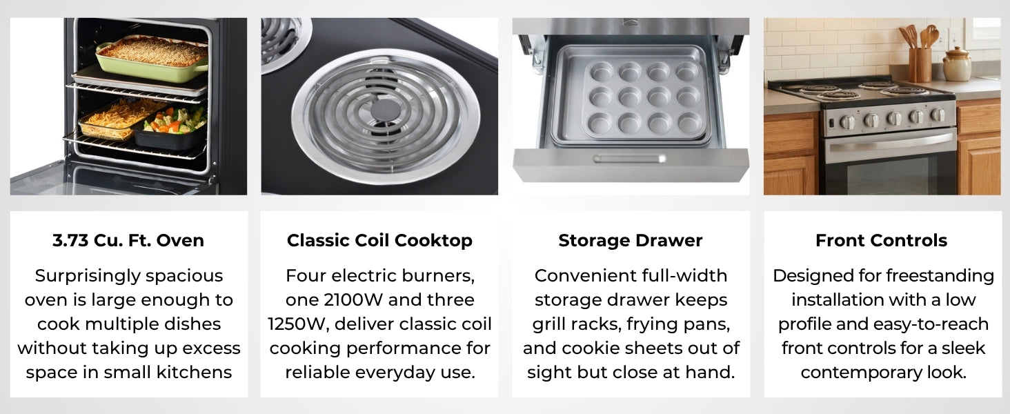 Four images with text below describe features of the Kenmore stainless steel electric range: 3.73 Cu. Ft. Oven; Classic Coil Cooktop; Storage Drawer; Front Controls