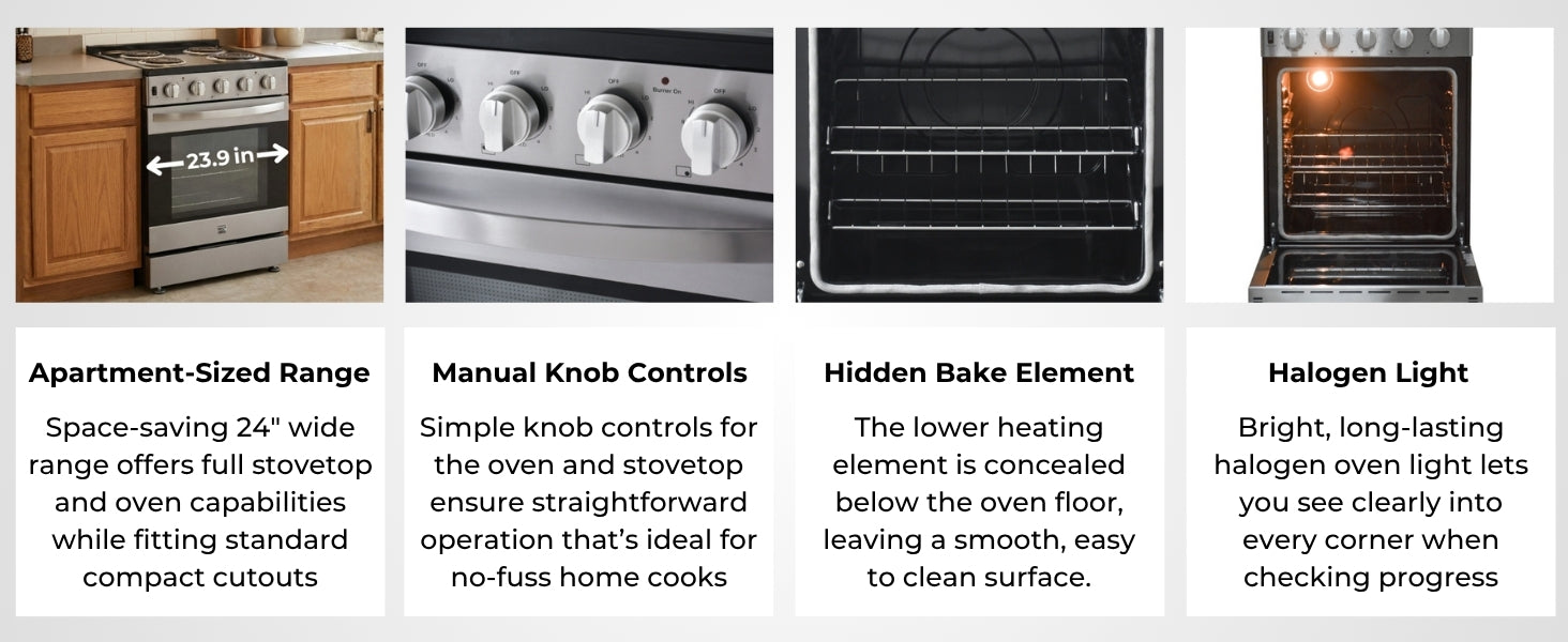 Four images with text below describe features of the Kenmore stainless steel electric range: Apartment-Sized Range; Manual Knob Controls; Hidden Bake Element; Halogen Light.