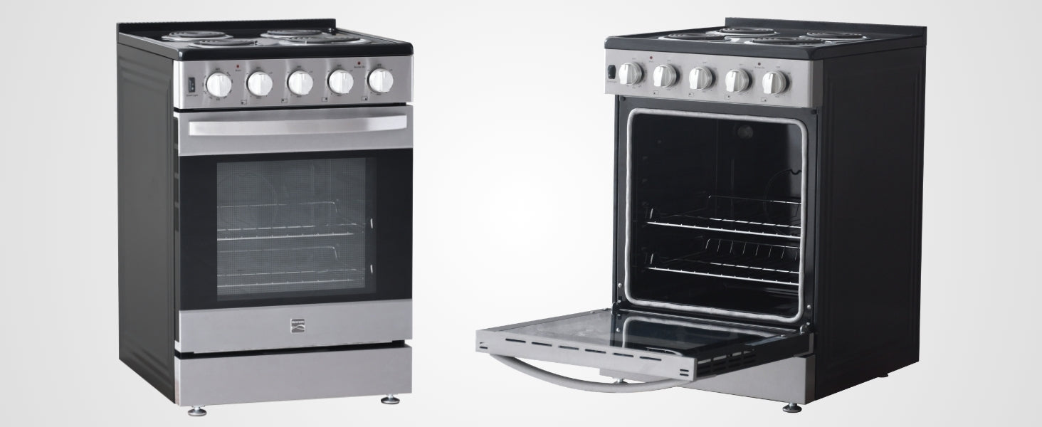 Two views of the Kenmore electric coil top range, one closed and one open, on a gray background