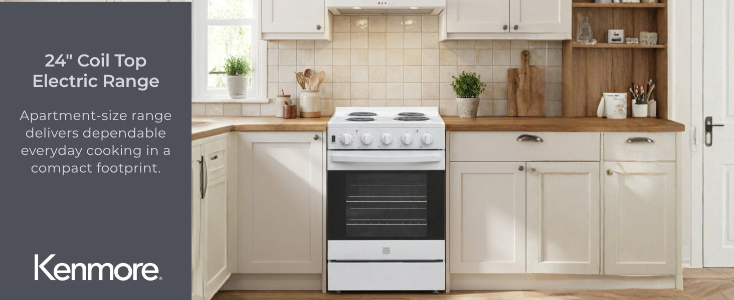 Kenmore electric range installed in a bright eat-in kitchen between wood cabinets with text to the left reading, "24" Coil Top Electric Range: Apartment-size range delivers dependable everyday cooking in a compact footprint."