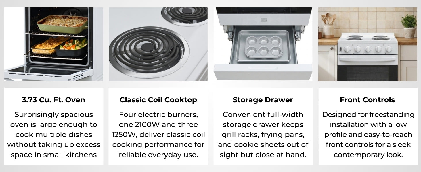 Four images with text below describe features of the Kenmore stainless steel electric range: 3.73 Cu. Ft. Oven; Classic Coil Cooktop; Storage Drawer; Front Controls