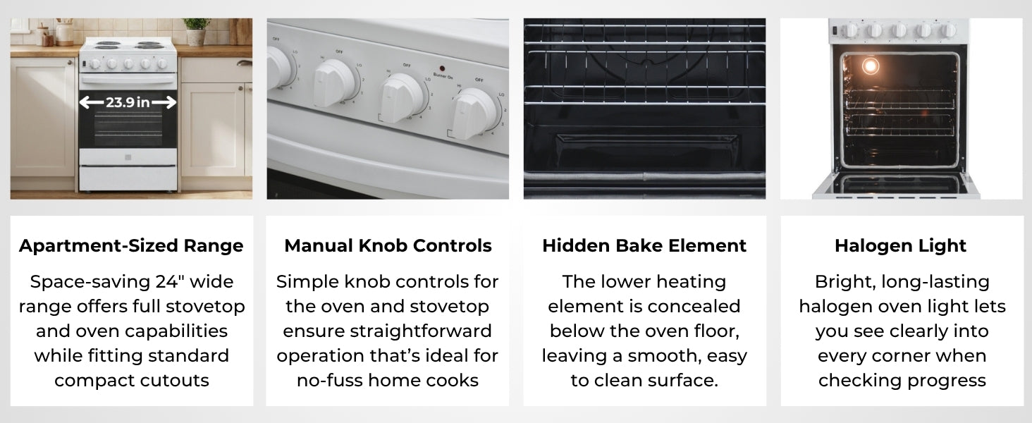 Four images with text below describe features of the Kenmore stainless steel electric range: Apartment-Sized Range; Manual Knob Controls; Hidden Bake Element; Halogen Light.