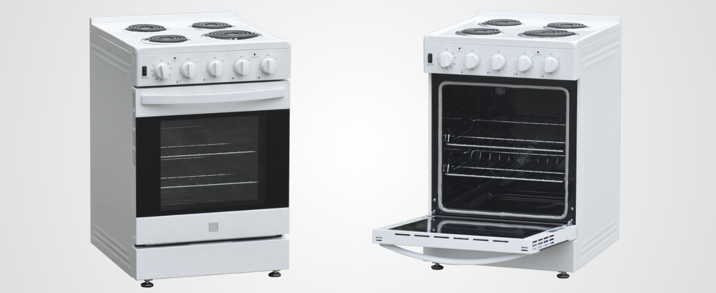 Two views of the Kenmore electric coil top range, one closed and one open, on a gray background