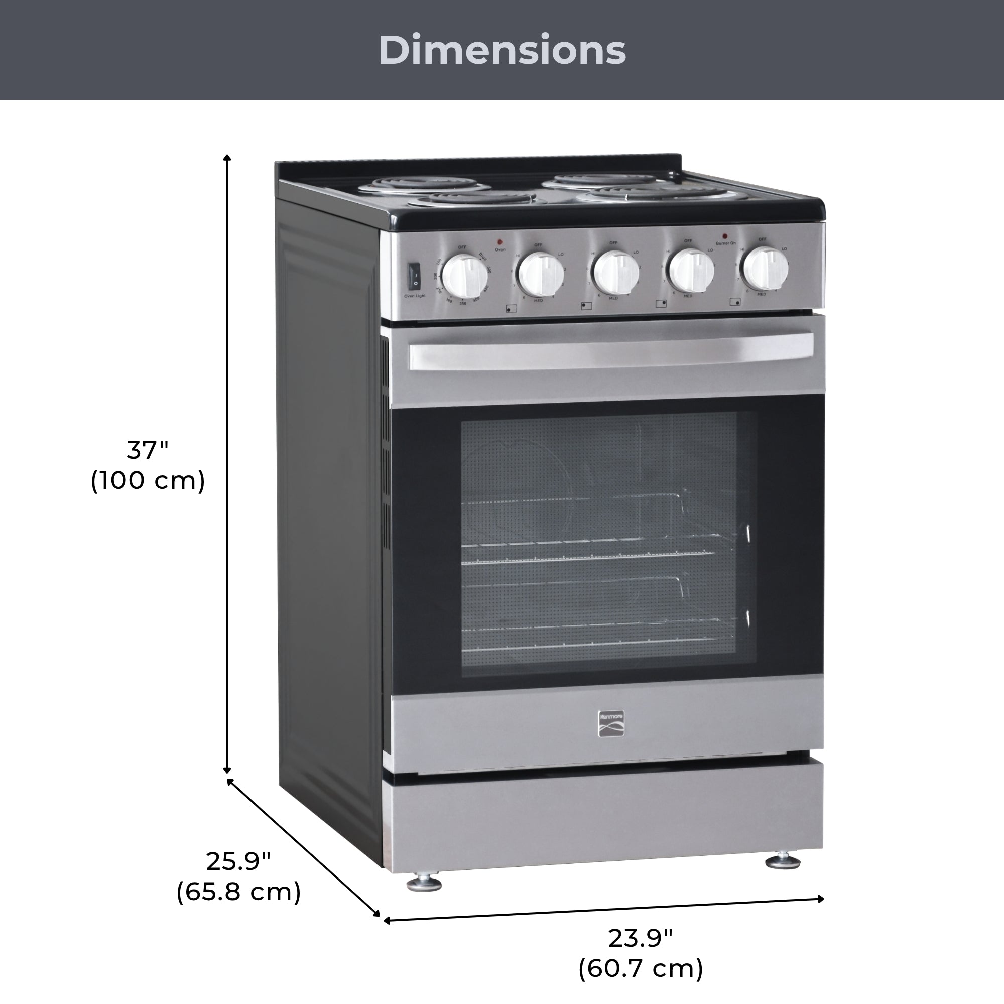 Kenmore electric coil top range on a white background with dimensions labeled