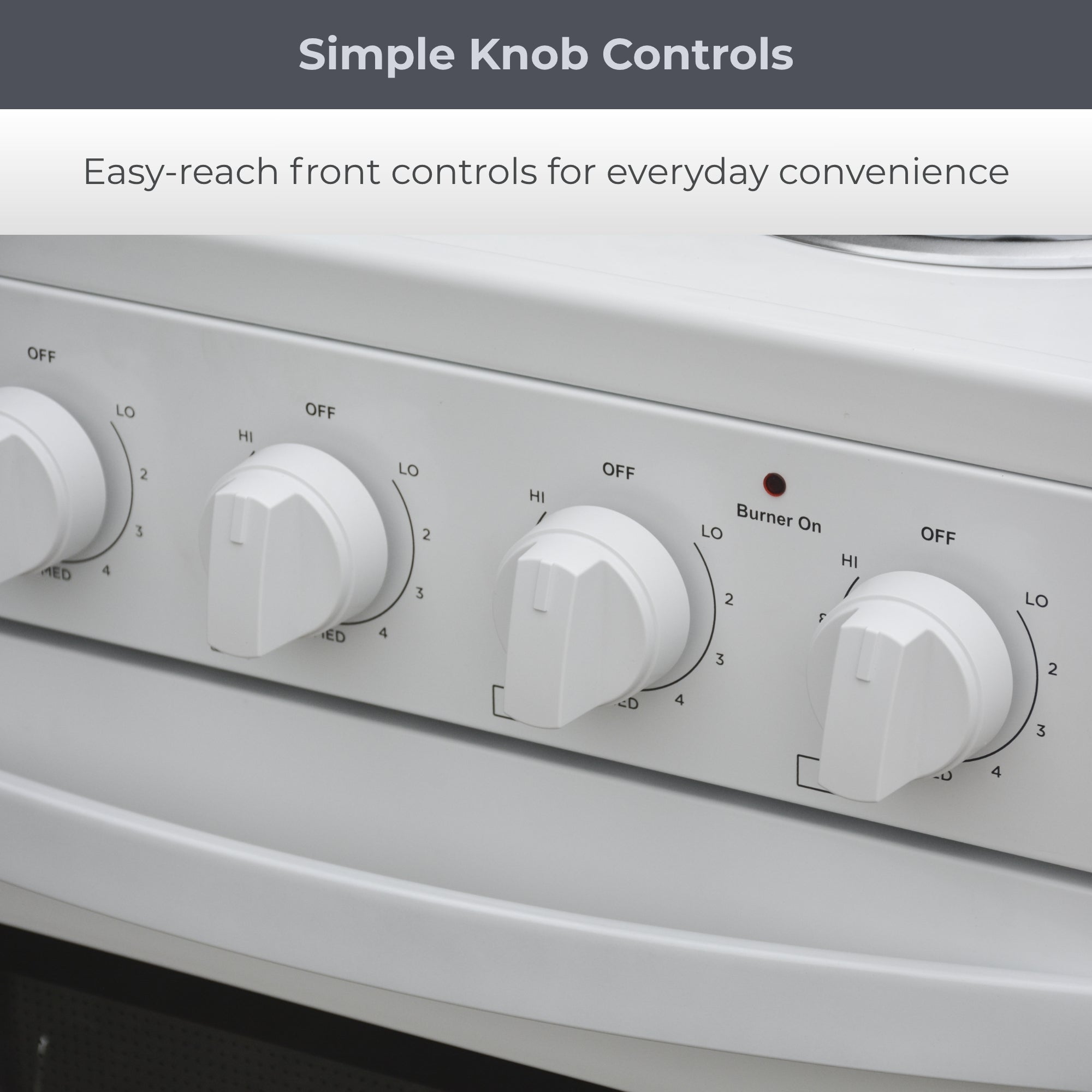 Closeup of the knob controls on the front of the Kenmore electric coil top range. Text above reads, "Simple knob controls: Easy-reach front controls for everyday convenience."