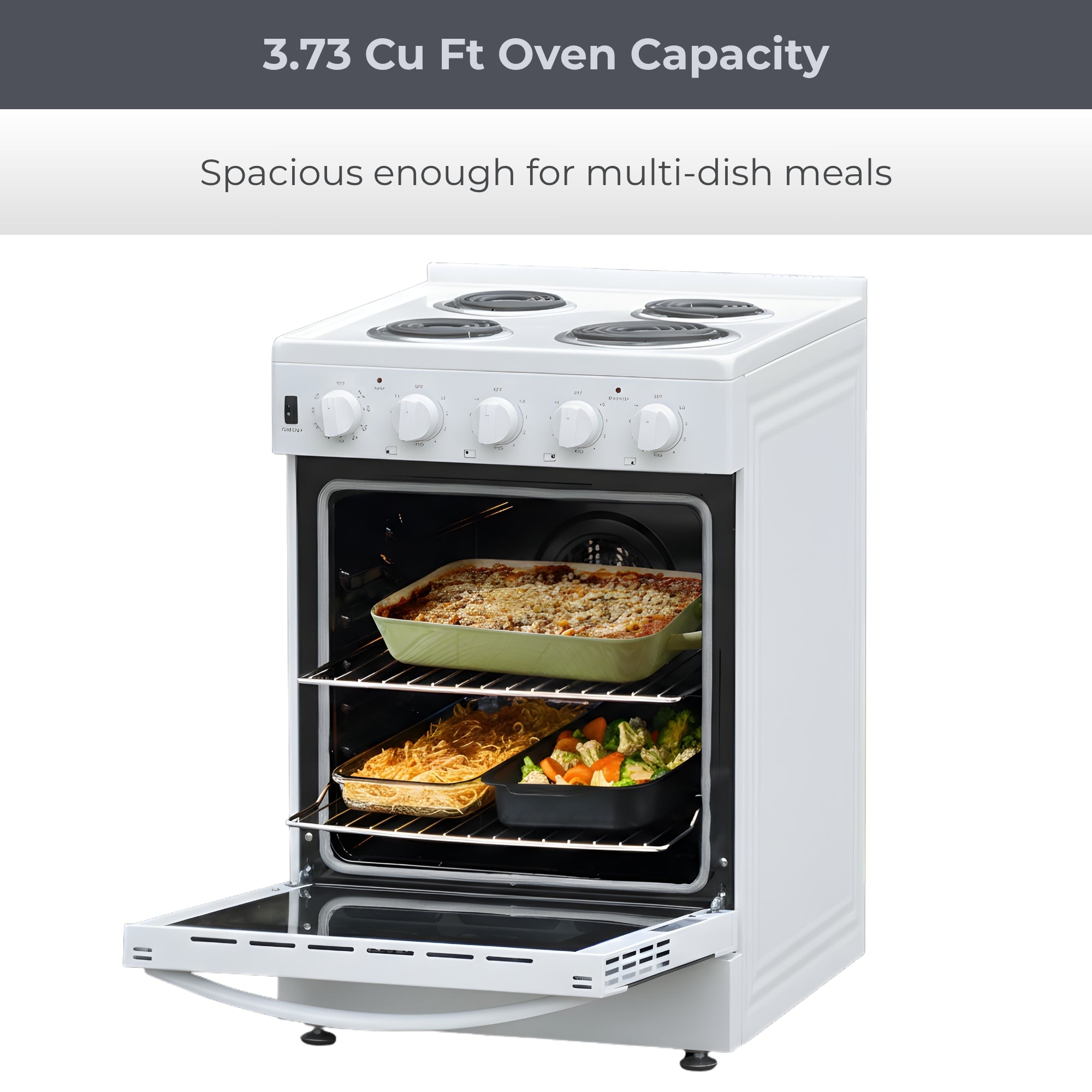 Kenmore electric coil top range, open with dishes of food cooking inside. Text above reads, "3.73 cu ft oven capacity: Spacious enough for multi-dish meals."