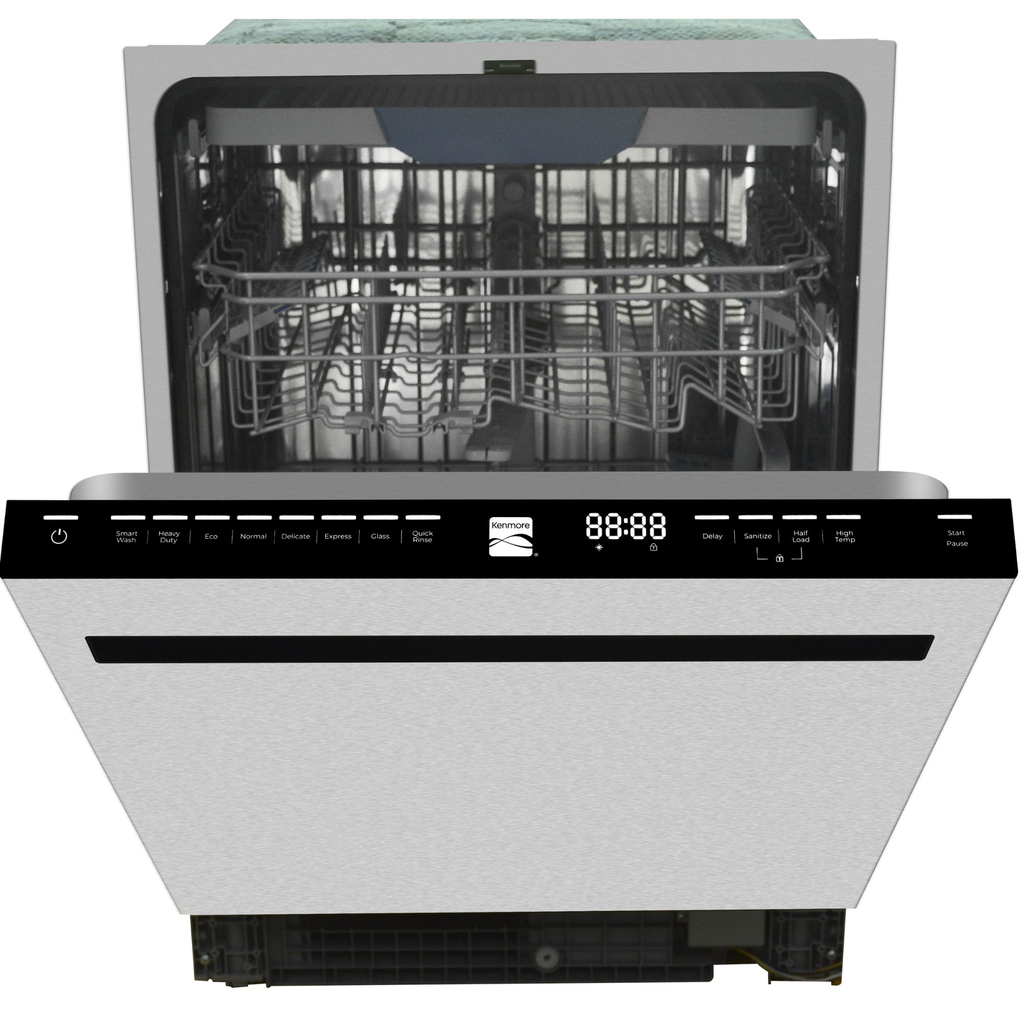 Kenmore ultra-quiet 24-inch top control dishwasher, partly open with the top control panel showing, on a white background