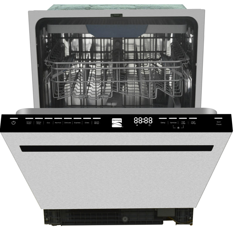 Kenmore ultra-quiet 24-inch top control dishwasher, partly open with the top control panel showing, on a white background
