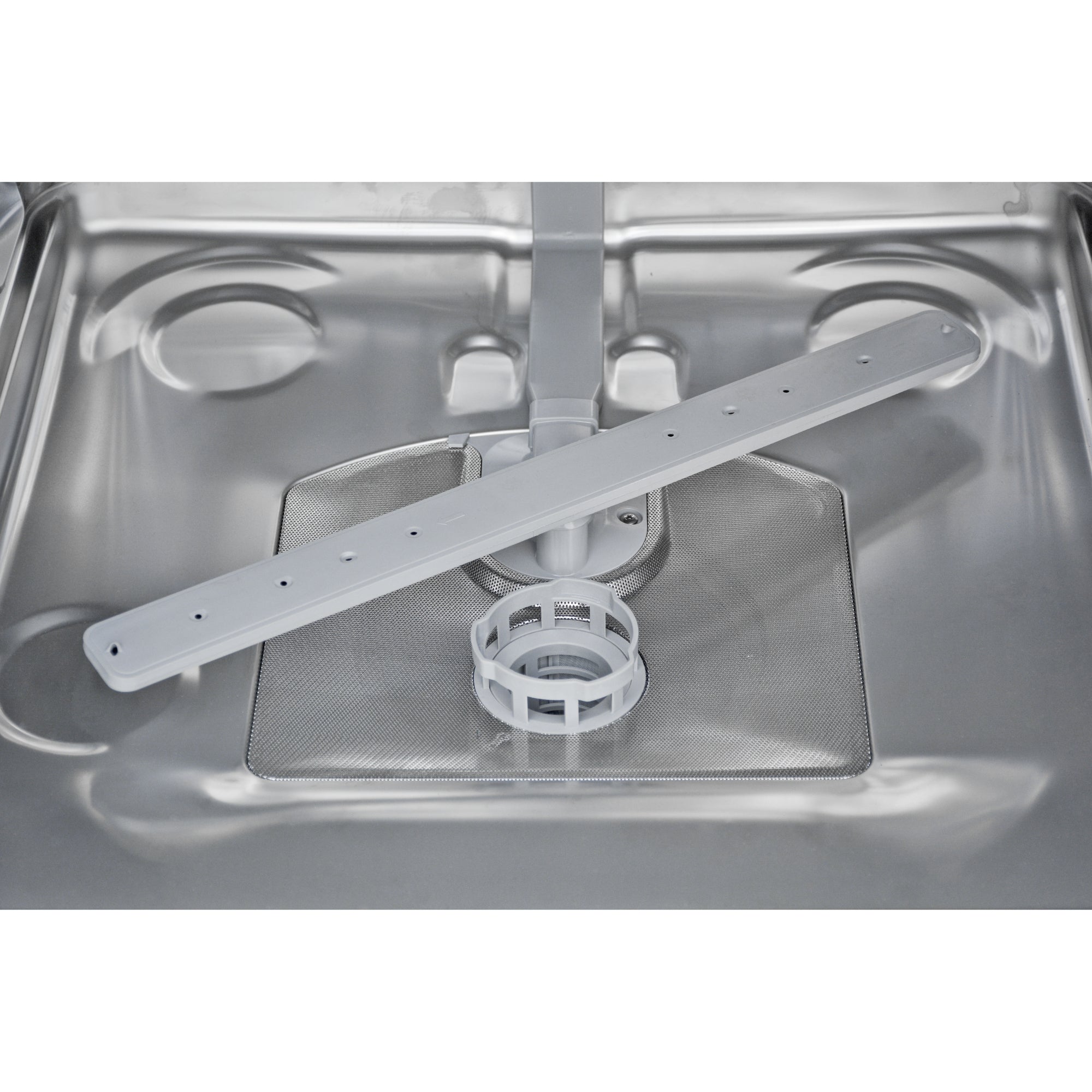Closeup of the stainless steel interior of the Kenmore ultra-quiet 24-inch top control dishwasher showing the bottom spray arm