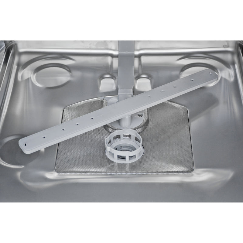 Closeup of the stainless steel interior of the Kenmore ultra-quiet 24-inch top control dishwasher showing the bottom spray arm