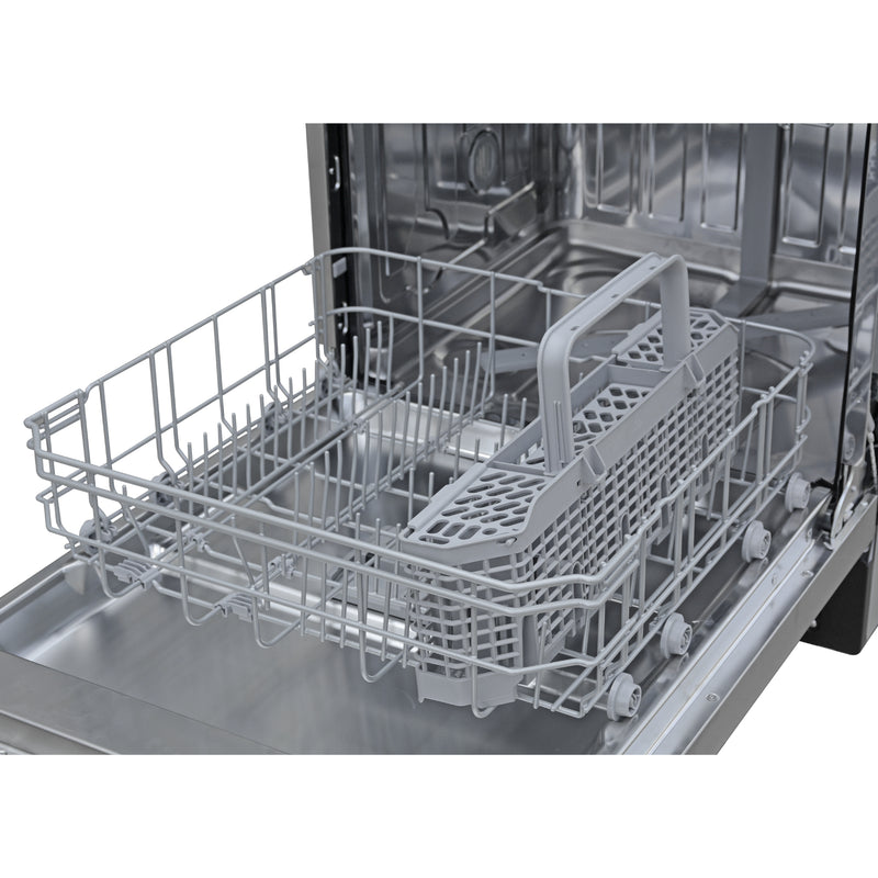 Closeup of the bottom rack of the Kenmore ultra-quiet 24-inch top control dishwasher showing the removable silverware basket