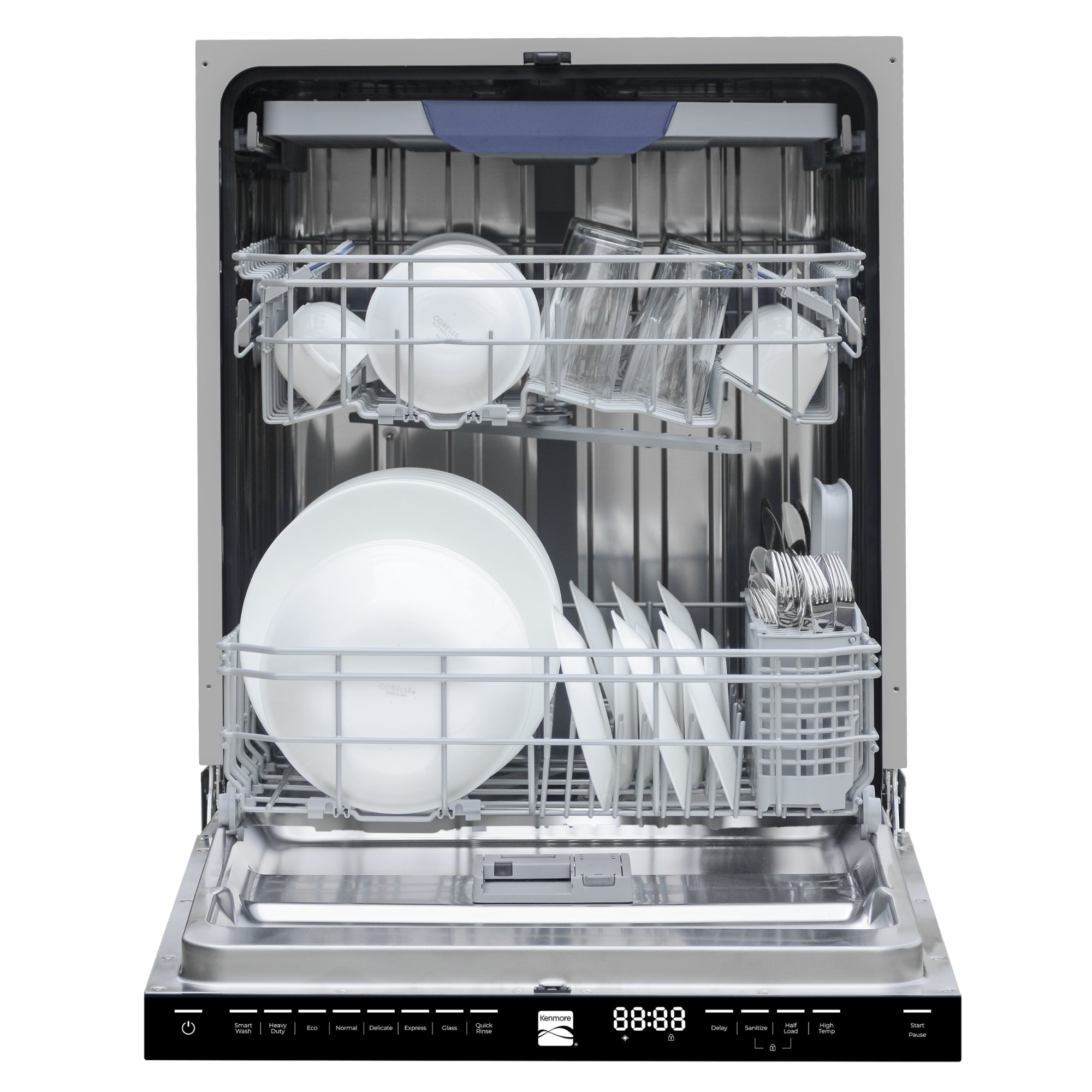 Kenmore Kenmore ultra-quiet 24-inch top control dishwasher, open and filled with clean dishes, on a white background